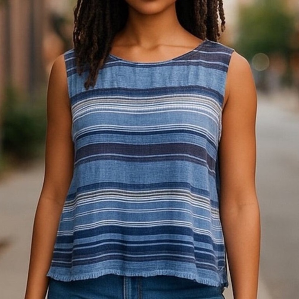 484 LOFT linen Blue Striped Sleeveless Top